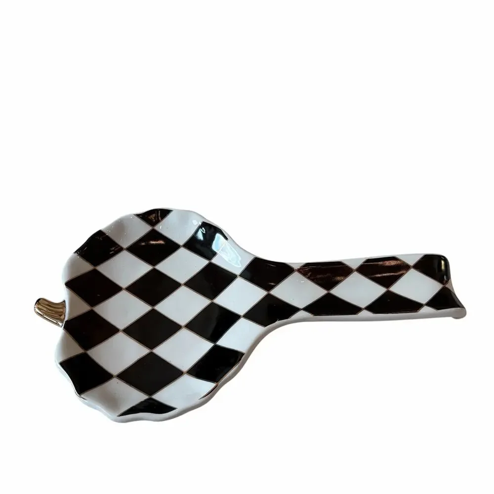 Black & White Harlequin Pumpkin Spoon Rest 10in Ceramic Checkered Halloween NEW